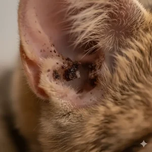 Illustration showing a cat's inner ear with characteristic black, crusty debris, a key symptom of ear mites that requires medicine.