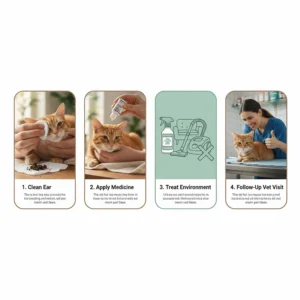 Infographic outlining the complete ear mite treatment for cats process, including cleaning, medication, and follow-up.