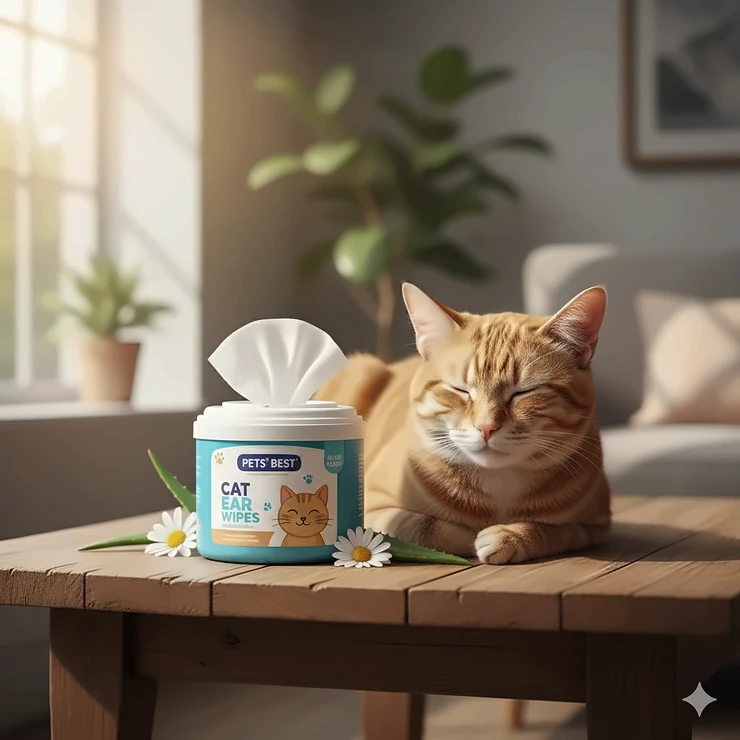 High-resolution close-up of a package of cat ear wipes next to a clean, happy cat.