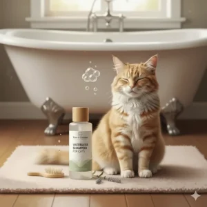 Cartoon drawing of a relaxed cat sitting outside of a bathtub, highlighting the no-water benefit of waterless shampoo for cats.