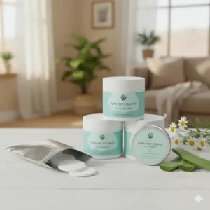 A stack of containers of gentle, pre-moistened cat eye wipes for easy use.