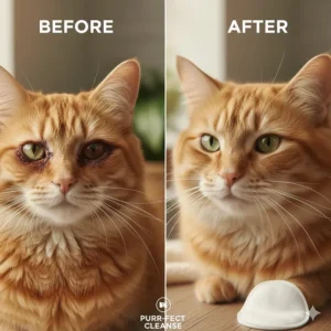 Visual comparison showing the effectiveness of cat eye wipes on eliminating brown tear stains.