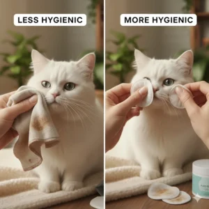 Image illustrating the convenience and hygienic benefits of disposable cat eye wipes compared to a washcloth.