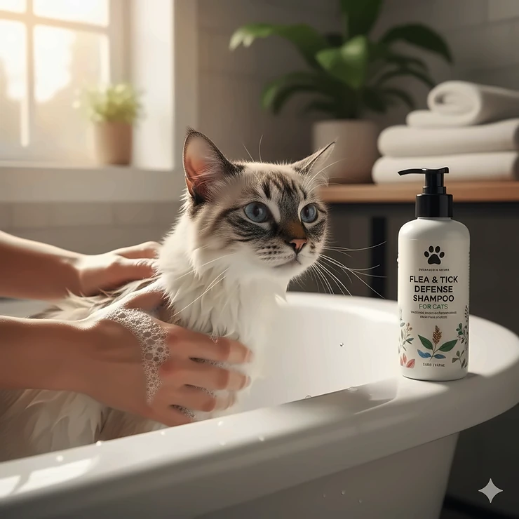 Siamese cat getting a gentle bath with a specialized flea and tick shampoo.