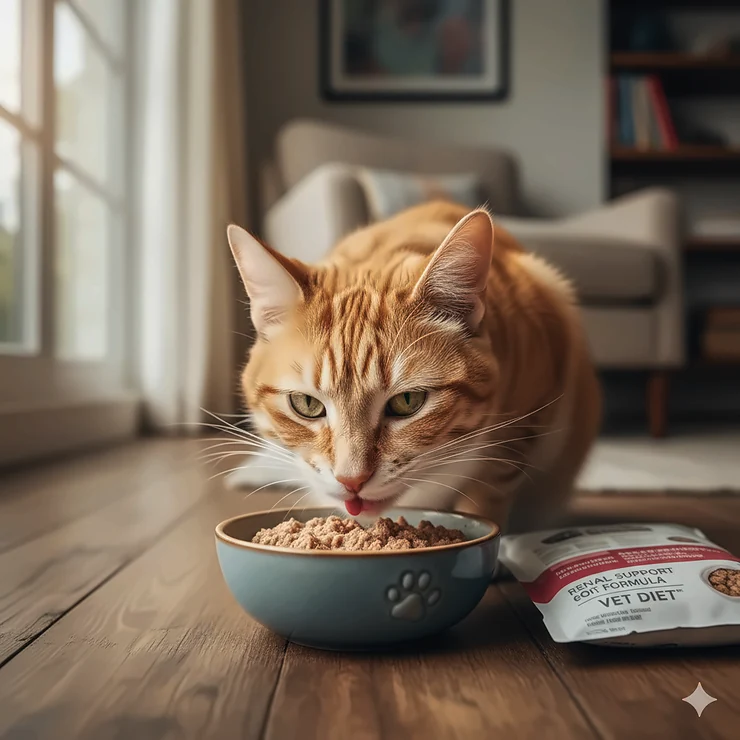 A senior orange tabby cat eating specially formulated prescription food for kidney disease from a bowl.