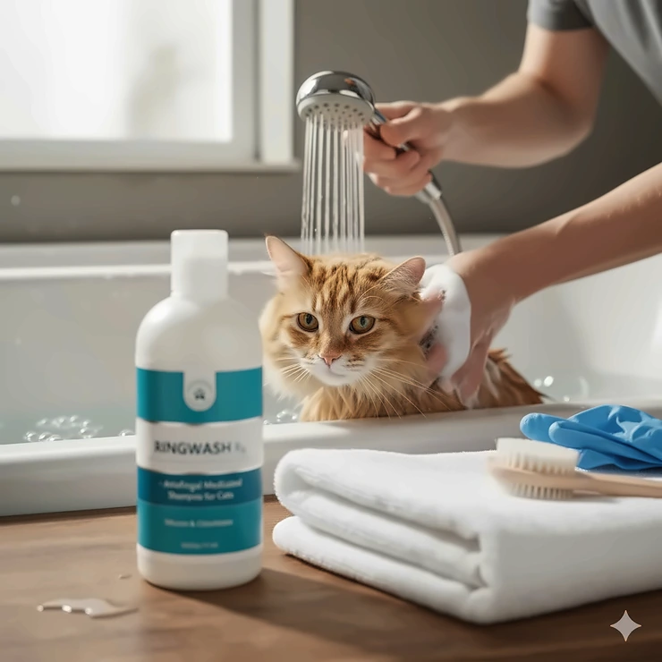 Owner gently bathing a cat with ringworm shampoo, lathering the medicated foam on the cat's fur to treat the fungal infection.