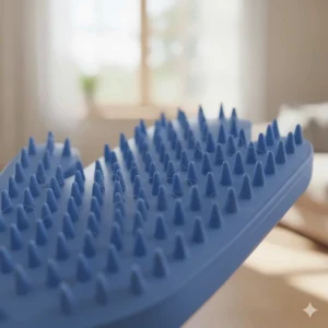 Close-up view of the soft rubber tips on a grooming glove designed for effective deshedding and massage.