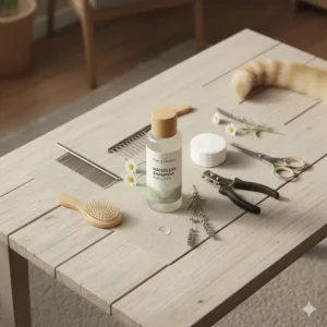 Flat lay photo of a complete cat grooming kit including brushes, nail clippers, and the essential waterless shampoo for cats.