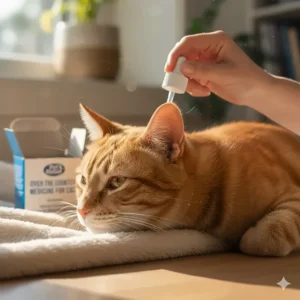 Image of an owner applying a spot-on flea, tick, and ear mite preventative to a cat, as a method of ear mite prevention for cats.