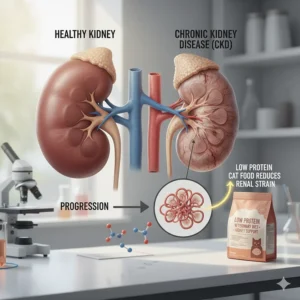 Illustration showing the progression of chronic kidney disease (CKD) and how a low protein cat food diet can reduce renal strain.