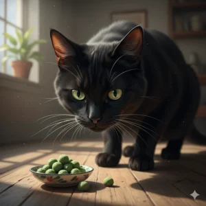 Cartoon illustration of a curious black cat staring intently at a small pile of its favorite catnip cat treats.
