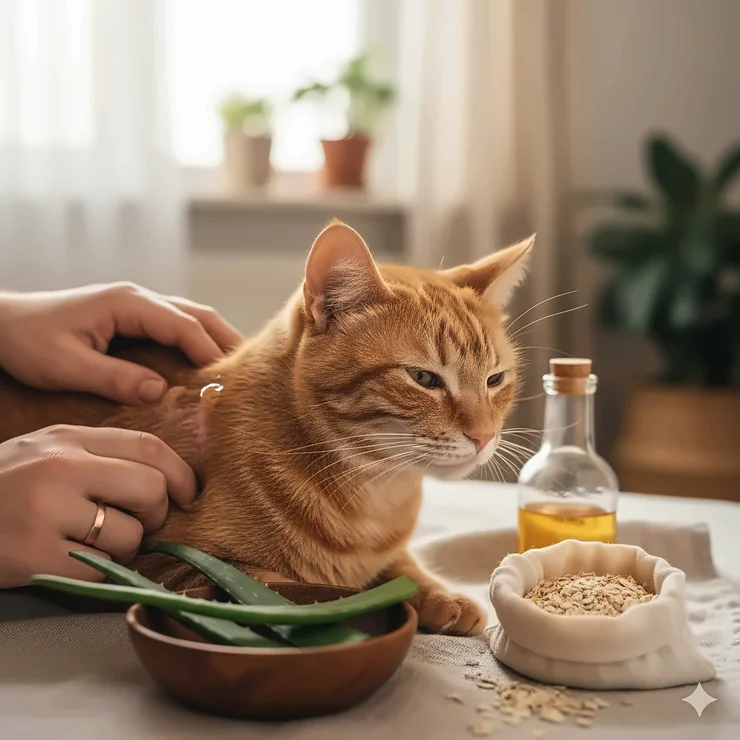 A cat being gently soothed with natural home remedies for mange treatment. cat mange treatment home remedies