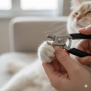 Close-up of specialized cat nail clippers being used to safely trim a cat's claw.