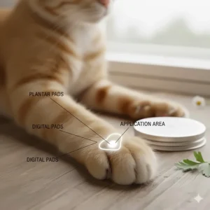 Simple diagram of a cat's paw pads with an arrow pointing to the area where cat paw balm should be applied for maximum relief.