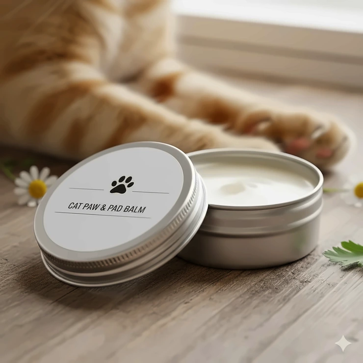 Cat paw balm in a tin, with a soft cat paw resting next to it, highlighting the soothing and moisturizing benefits for dry, cracked cat pads.