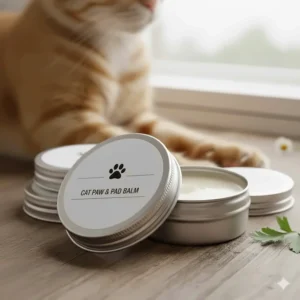 Display of the specific packaging for the cat paw balm product, showing its label and branding clearly.