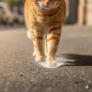 Graphic showing a cat walking on a surface with a visible protective barrier provided by cat paw balm shielding against hot pavement.