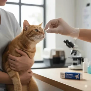 Veterinarian administering a single Droncit tablet directly to a cat for tapeworm control.