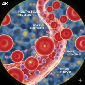 Magnified illustration of healthy, oxygen-rich red blood cells showing the function of iron and hemoglobin.