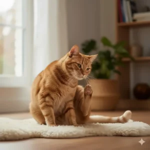 A cat exhibiting common signs of a tapeworm infection, which can be treated with Droncit.