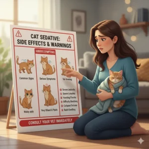 Illustration depicting important warning signs and potential side effects of cat sedatives, urging owners to consult a vet.