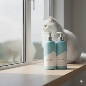 Hypoallergenic cat grooming shampoo and conditioner bottles for sensitive skin.