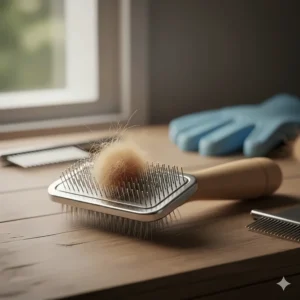 Close-up illustration of a deshedding brush, an essential tool in a cat grooming kit.