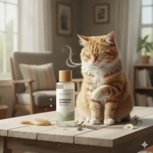 Cute illustration of a cat looking pleased and smelling its fresh-smelling fur after using waterless shampoo.