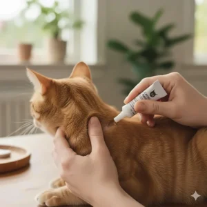 Diagram demonstrating the proper application of systemic spot-on ear mite medicine for cats (e.g., selamectin or moxidectin) to the skin between the shoulder blades.