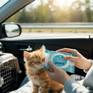 Travel-size packet of cat cleaning wipes being used in a car during a road trip.
