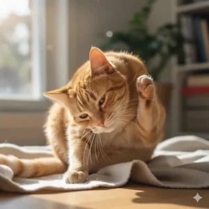 Illustration of a cat scratching its ear, showing symptoms of ear mites in cats.