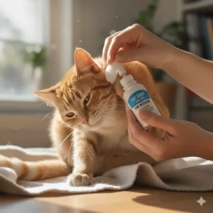 Diagram showing how to properly clean a cat's ear before applying ear mite treatment.