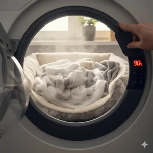 High-temperature washing of a cat's bedding to prevent re-infestation of mites after mange treatment.