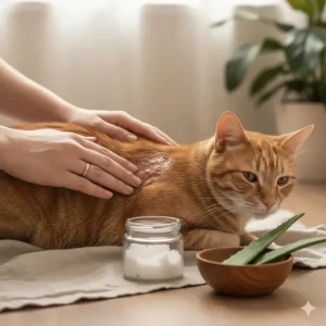 Applying coconut oil gently to a cat's irritated skin as a moisturizing home remedy for mange.