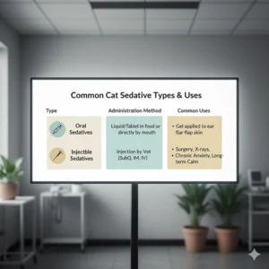 A comparison chart outlining the different types of cat sedatives (e.g., oral, injectable, transdermal) and their common uses.