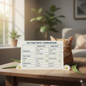 Chart comparing different types of cat ear wipes based on ingredients, size, and scent.