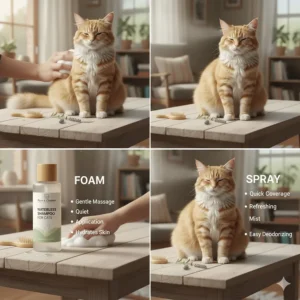 Chart comparing the application methods (foam and spray) of different types of waterless cat shampoo.