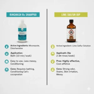 Infographic comparing the uses and effectiveness of miconazole/chlorhexidine ringworm shampoo versus traditional lime sulfur dip for cats.