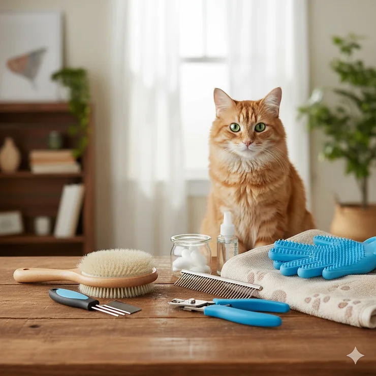 A complete cat grooming kit displayed with all essential tools: brush, nail clippers, comb, and shedding glove.