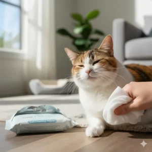 A cat enjoying a quick, deodorizing wipe-down to freshen their fur coat.