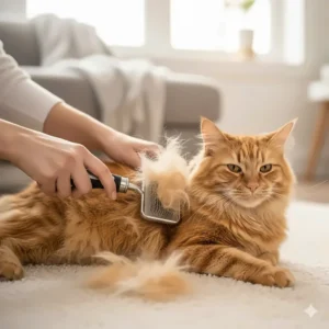 A person using a deshedding cat brush on a long-haired orange cat to remove loose fur.