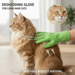 Infographic illustrating how the deshedding action of the grooming gloves works on a long-haired cat.