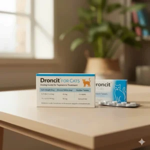 A clear dosing chart for Droncit for cats based on feline body weight for proper administration.