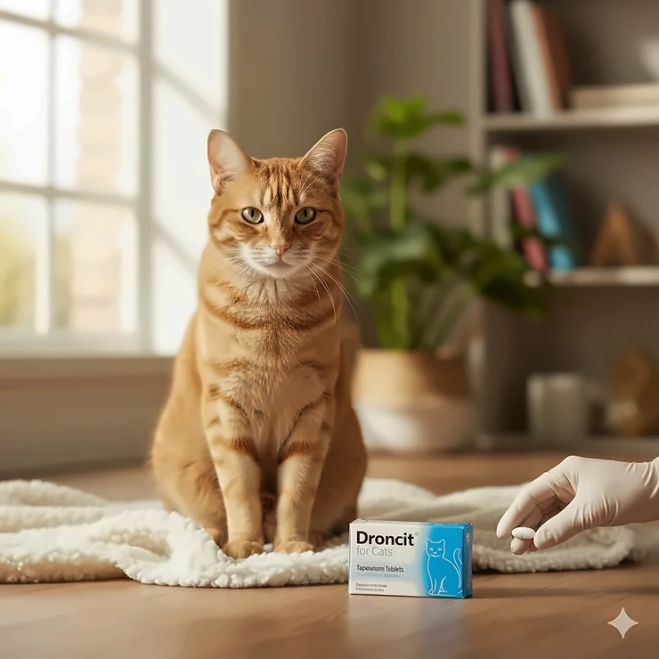 Droncit for cats packaging showing the oral tablet for effective tapeworm treatment in felines.