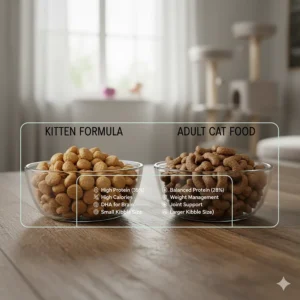 A graphic comparing the kibble size and nutritional content of specialized dry cat and kitten food.