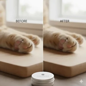 Comparison showing a dry, cracked cat paw pad next to a soft, healthy paw pad after regular use of a cat paw balm.