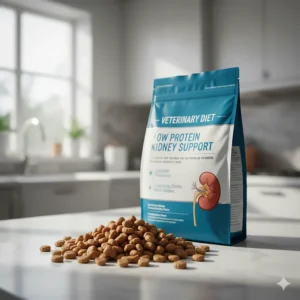 Small pieces of dry kibble low protein cat food with controlled phosphorus content for managing Chronic Kidney Disease.