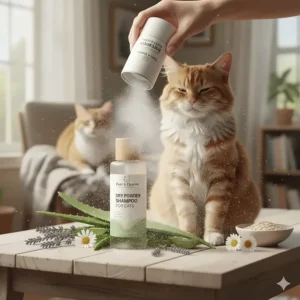 Close-up visual of a dry powder type of waterless shampoo being sprinkled onto a cat's coat.