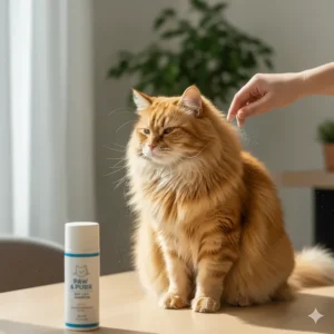 A photo demonstrating the application of dry shampoo powder on a long-haired cat to keep the coat clean.