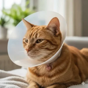 A cat wearing a protective cone (E-collar) to prevent scratching and licking of areas affected by mange.